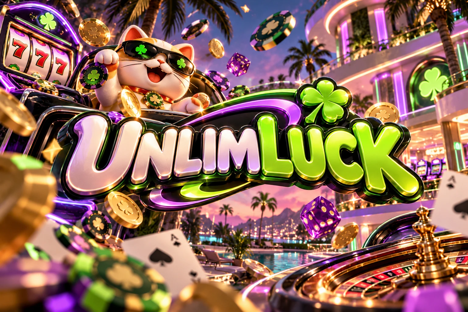 UnlimLuck Casino banner: lucky cat with clover sunglasses next to a slot machine and roulette wheel